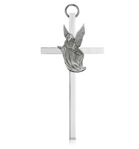 6" Silver Plated Metal Wall Cross with Guardian Angel Centerpiece