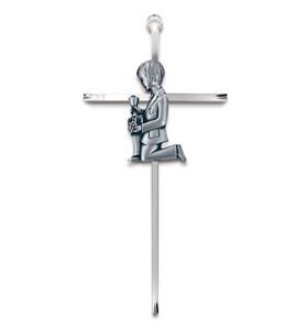 6" Silver Plated Metal Wall Cross with Centered Kneeling First Communion Boy