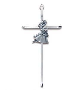 6" Silver Plated Metal Wall Cross with Centered Kneeling First Communion Girl