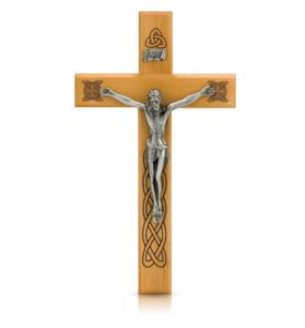 10" Maplewood and Antiqued Pewter Celtic Holy Trinity Wall Crucifix