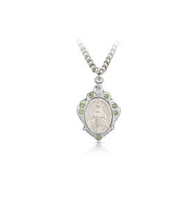 Silver Filled Decorative Border Miraculous Medal with August Birthstone Crystal Stones - 3/4"