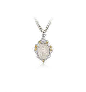 Sterling Silver Decorative Border Miraculous Medal with November Birthstone Crystal Stones - 3/4"