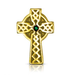 1" Gold Celtic Cross with Green Crystal Center Lapel Pin