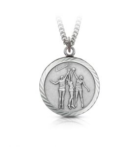 Sterling Silver Girl's Basketball Medal with Cross on Back - 3/4"