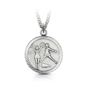 Round Sterling Silver Girl's Cheerleader Medal with Cross on Back - 15/16"