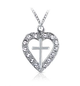 Silver Plated Pierced Heart and Cross Necklace with Crystal Cubic Zirconia Stones - 13/16"