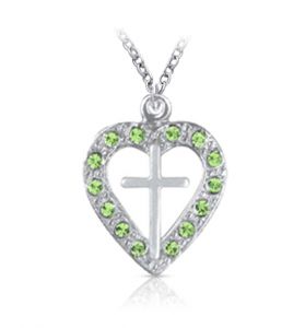 Silver Plated Pierced Heart and Cross Necklace with Peridot Cubic Zirconia Stones - 13/16"