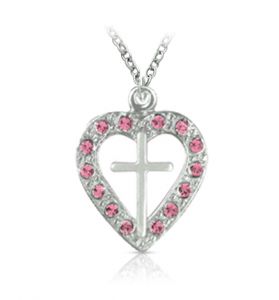 Silver Plated Pierced Heart and Cross Necklace with Tourmaline Cubic Zirconia Stones - 13/16"