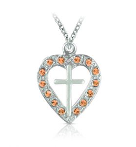 Silver Plated Pierced Heart and Cross Necklace with Topaz Cubic Zirconia Stones - 13/16"