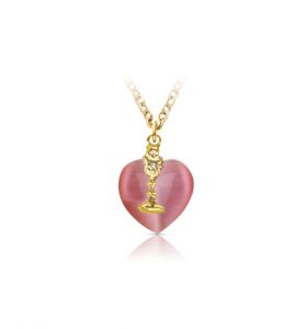 Gold Plated First Communion Pink Heart and Gold Chalice Charm Necklace - 3/4"