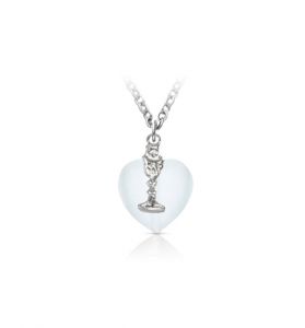 Silver Plated First Communion White Heart and Silver Chalice Charm Necklace - 3/4"