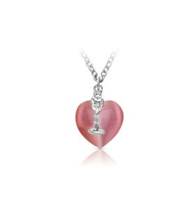 Silver Plated First Communion Pink Heart and Silver Chalice Charm Necklace - 3/4"