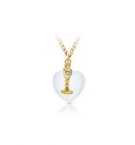 Gold Plated First Communion White Heart and Gold Chalice Charm Necklace - 3/4"