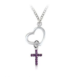 Silver Plated Heart with Amethyst Cubic Zirconia Stone Cross Charm Necklace - 1 1/4"