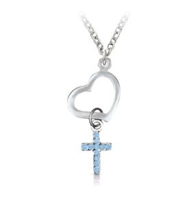 Silver Plated Heart with Sapphire Cubic Zirconia Stone Cross Charm Necklace - 1 1/4"