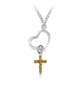 Silver Plated Heart with Topaz Cubic Zirconia Stone Cross Charm Necklace - 1 1/4"