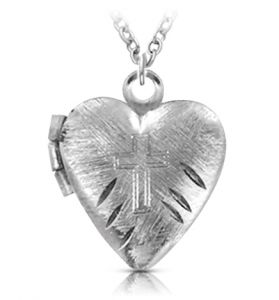 Silver Plated Heart Locket and Engraved Cross Necklace - 5/8" [1]