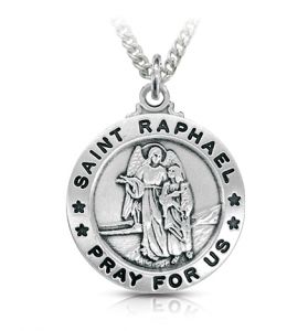 Sterling Silver Large Round St. Raphael Medal, Patron Saint of Travelers, The Blind, and Bodily Ills - 15/16"