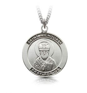 Sterling Silver Large Round St. Nicholas Medal, Patron Saint Of Children - 1"