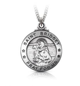 Sterling Silver Large Round St. Bridget Medal, Patron Saint of Babies, Midwives, and Ireland - 15/16"