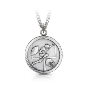 Round Sterling Silver Boy's Football Player Medal with Cross on Back - 15/16"