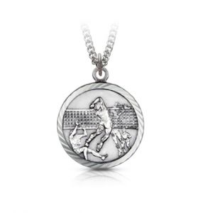 Round Sterling Silver Boy's Volleyball Player Medal with Cross on Back - 15/16"