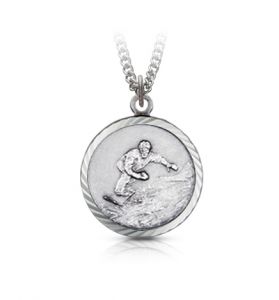 Round Sterling Silver Boy's Snowboarder Medal with Cross on Back - 15/16"