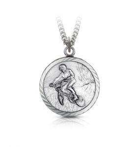 Round Sterling Silver Boy's Off Road Biker Medal with Cross on Back - 15/16"