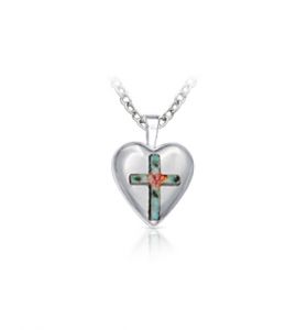 Sterling Silver Enameled Rose Cross on Heart Locket Necklace - 1/2"