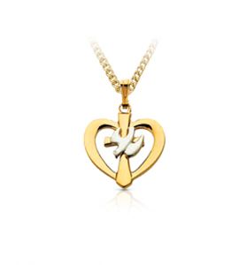 Two-Tone 14K Gold Plated Over Sterling Silver Dove and Cross Heart Necklace - 5/8"