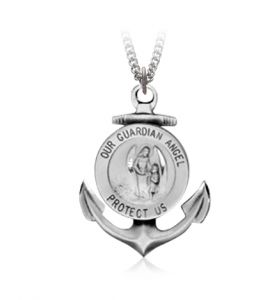 Round Sterling Silver Guardian Angel Medal with Ship Anchor - 1"