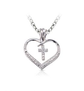 Sterling Silver Open Heart and Cross Necklace with Cubic Zirconia Stones - 7/8"