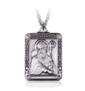 Sterling Silver Rectangle St. Patrick Medal, Patron Saint of Ireland - 1 1/8"