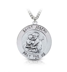 Sterling Silver Large Round St. Joseph Medal, Patron Saint of Carpenters and Fathers - 15/16"