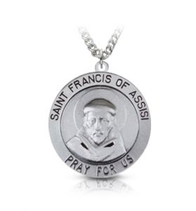 Sterling Silver Large Round St. Francis Medal, Patron Saint of Animals - 15/16"