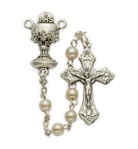 4mm Round Imitation Pearl Beads Rosary with Crucifix and Chalice Center