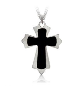 Steel Budded Ends with Black Enameled Inner Cross on Cross Necklace - 1 1/2"