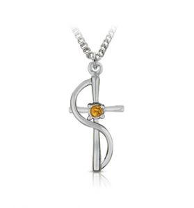 Silver Plated Sash Cross Necklace with Topaz Glass Cubic Zirconia Stone Center - 1"