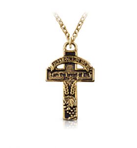 First Communion "I Am the Bread of Life" Antiqued Gold Plated Cross Necklace - 1 1/4"