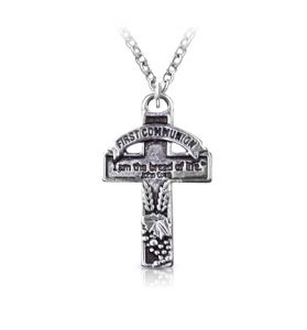 First Communion "I Am the Bread of Life" Antiqued Silver Plated Cross Necklace - 1 1/4"