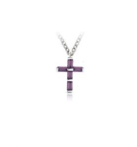 Sterling Silver Amethyst Cubic Zirconia Cross Necklace - 9/16"