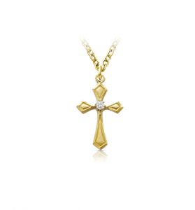 14K Gold Plated Pointed Ends Cross Necklace with Cubic Zirconia Stone - 7/8"