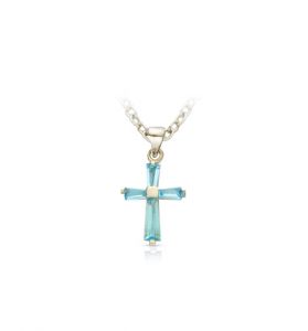 Sterling Silver Aqua Cubic Zirconia Baguette Cross Necklace - 11/16"