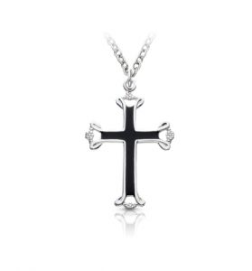 Sterling Silver Enameled and Open Budded Ends Cross Necklace - 1 1/8"