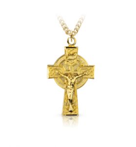 4K Gold Plated Over Sterling Silver Celtic Halo Crucifix Necklace - 1 1/4"