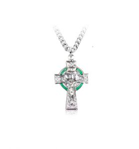 Sterling Silver Celtic Green Halo Crucifix Necklace - 7/8"