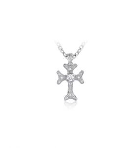 Sterling Silver Budded Ends and Crystal Cubic Zirconia Stone Cross Necklace