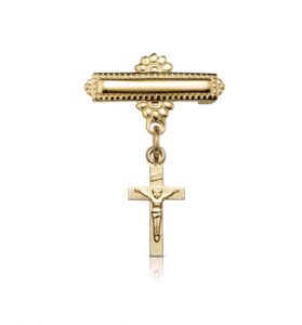 18K Gold Plated Over Sterling Silver Baby Crucifix Bar Pin - 1"