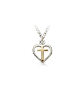 Sterling Silver Baby 2-Tone Heart with Cross - 3/8"