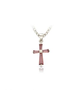 Sterling Silver February Amethyst Birthstone Baby Cross - 3/8"